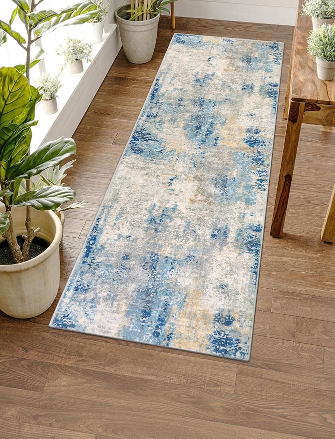 Lahome Modern Abstract Blue Bathroom Rug, 2x6 Washable Long Hallway Rug Soft by Lahome
