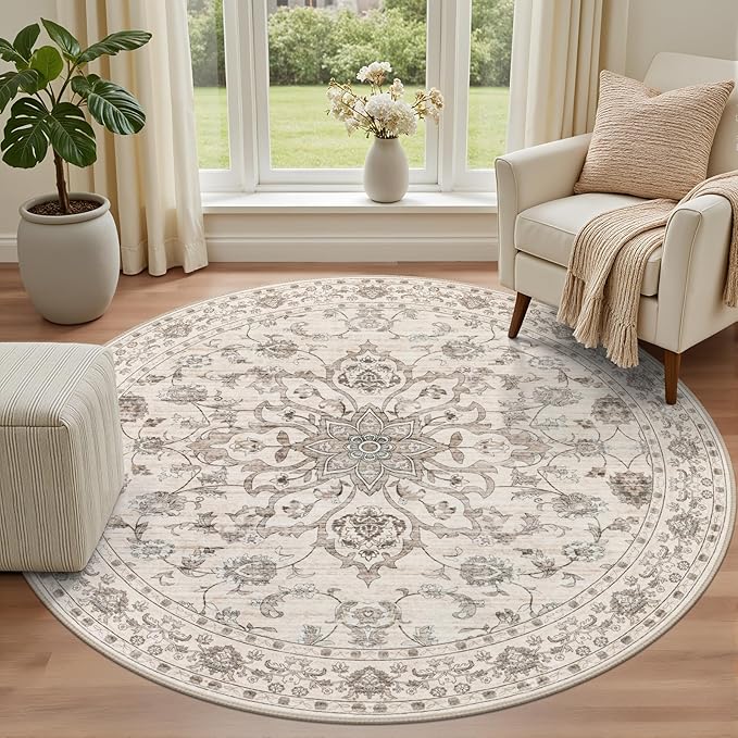 Round Area Rug for Living Room: 8 ft Washable Vintage Boho Soft Thin Circle Rug - Image 2