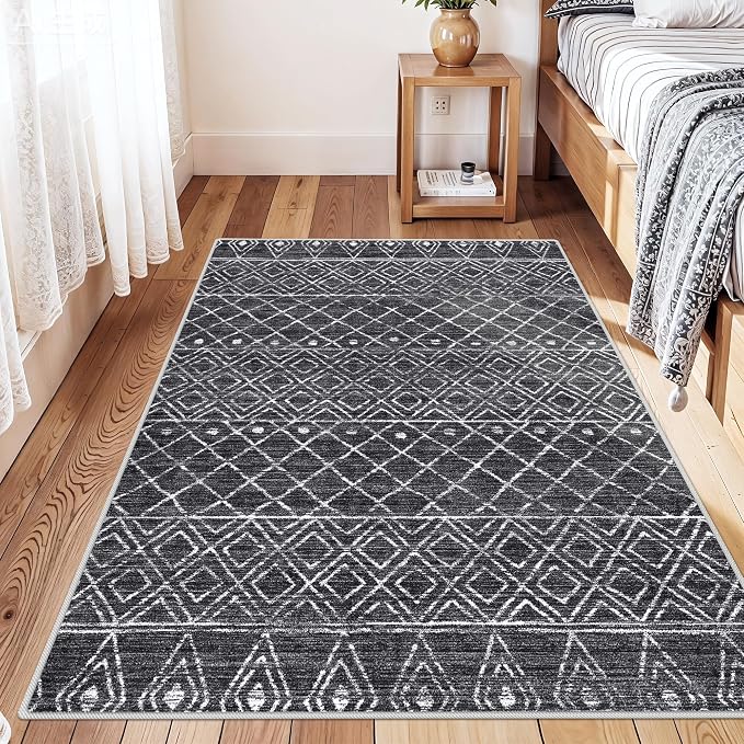 Black Non Slip Moroccan 3x4 Washable Area Rug | Soft Stain-resistant Mat - Image 3
