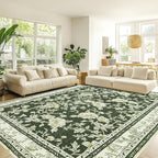Olive Green Floral Print Area Rugs - Image 2