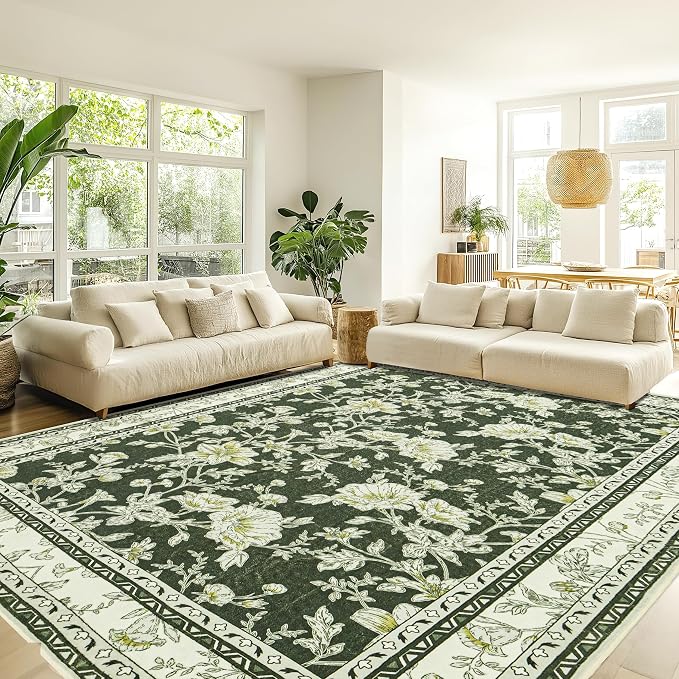Olive Green Floral Print Area Rugs - Image 2