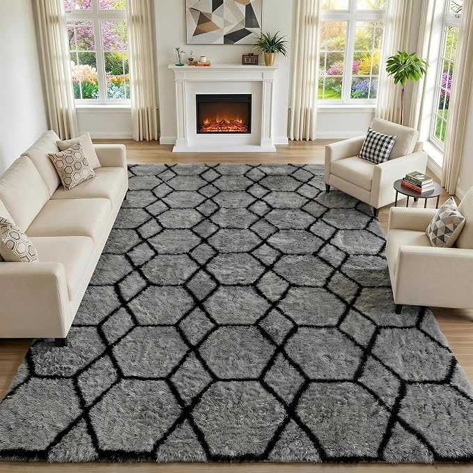 ONASAR 8x10 Area Rugs for Living Room, Fluffy Grey and Black Bedroom Rug by ONASAR