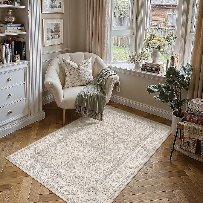 3x5 Washable Vintage Area Rug Beige Oriental Soft Entryway Throw Rug Neutral by WondRg