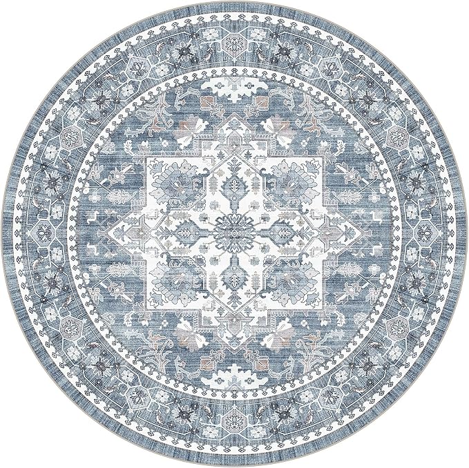 5ft Round Area Rug: Washable Vintage Neutral Soft Non Slip Thin Large Floor - Image 9