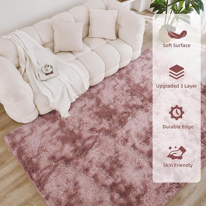Litanika 4x6 Shag Area Rug for Living Room Bedroom, Tie-Dyed Dusty Pink High - Image 4