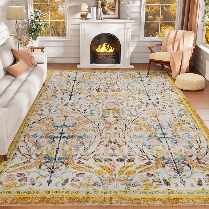 AMTOVO 5x7 Washable Area Rugs for Bedroom, Vintage Boho Floral Distressed Print - Image 2