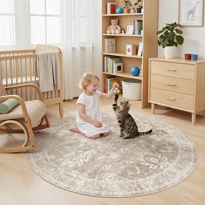 Madane Washable Round Rug 5ft for Living Room, Soft Ultra-Thin Non-Slip Vintage - Image 4