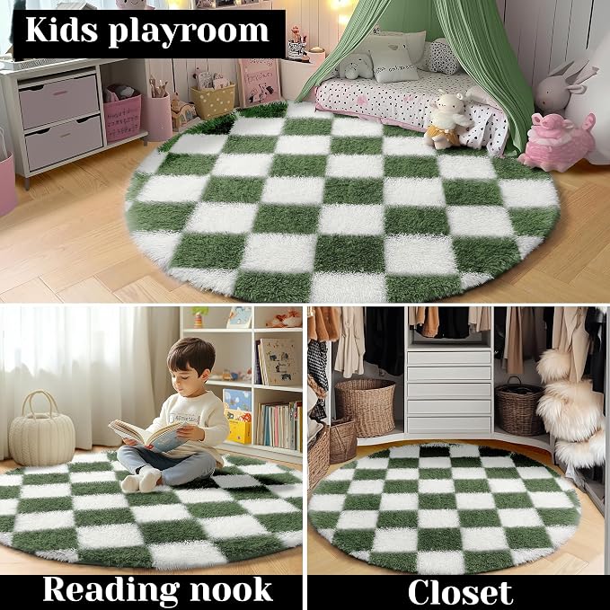 KICMOR Round Rug 4ft Olive Green and White Circle Area Rug, Fluffy Soft Fuzzy - Image 7