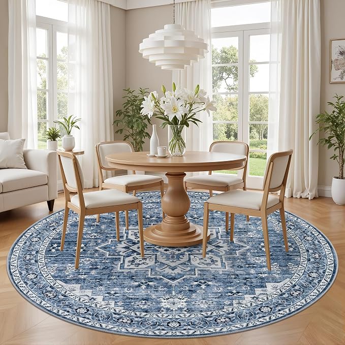 Round Area Rug for Living Room: 8 ft Washable Vintage Boho Soft Thin Circle Rug - Image 3