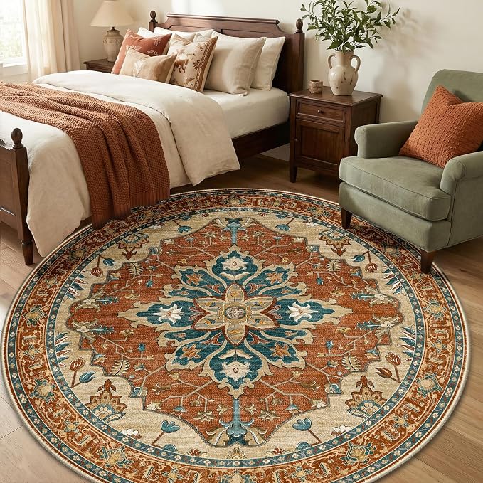 RELEANY Area Rugs Round 6ft Washable Non-Slip, Floral Vintage Distress by RELEANY