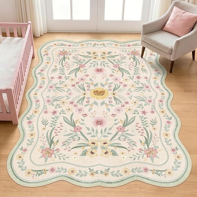 Scalloped Floral Rug 5x7, Sage Green Washable Non Slip Area Rug - Image 8