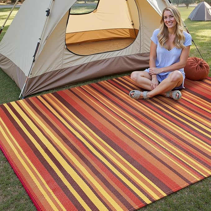 Outdoor Plastic Straw Rug Waterproof Patio 6x9 Red Orange Stripe Mat - Image 2