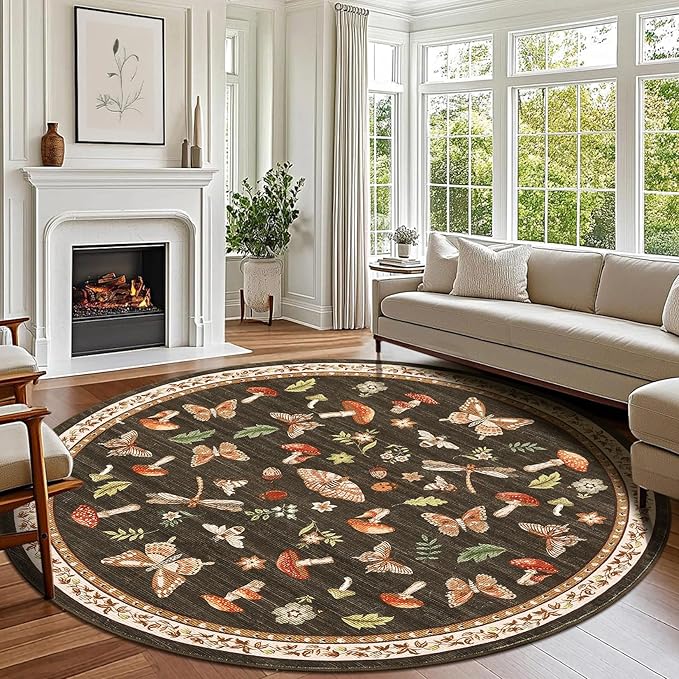 Mushroom Insect 8ft Round Rug Washable Non-Slip Soft Ultra-Thin Large Boho by ROYHOME