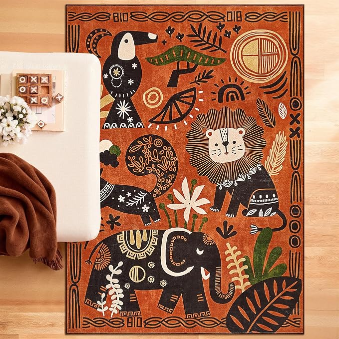 jinchan 5x7 Cute Area Rug Kids Washable Fun Rug Terracotta Boho Jungle Indoor - Image 2