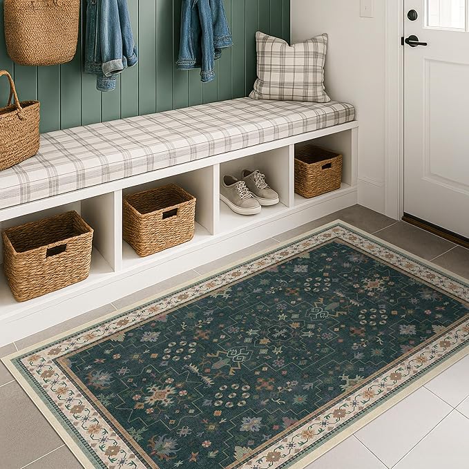 Dark Green Oushak 3x5 Large Entryway Rug by HazoHaus