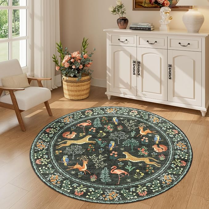 DUKINO 4ft Round Rug, Washable Round Area Rug, Non Slip Indoor Low Pile Animal - Image 3