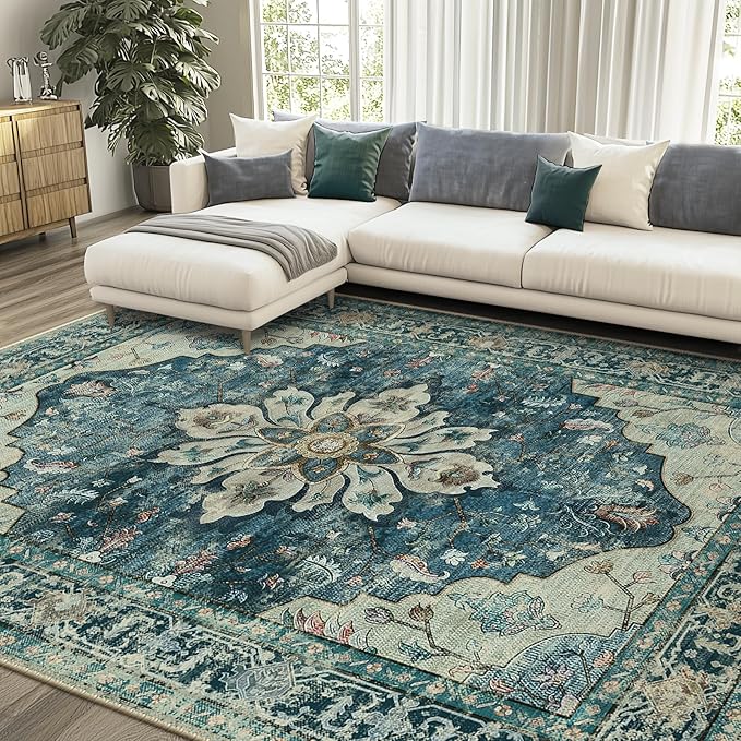 RELEANY Area Rugs Large 9'x12' Washable Non-Slip, Floral Vintage Distress - Image 2