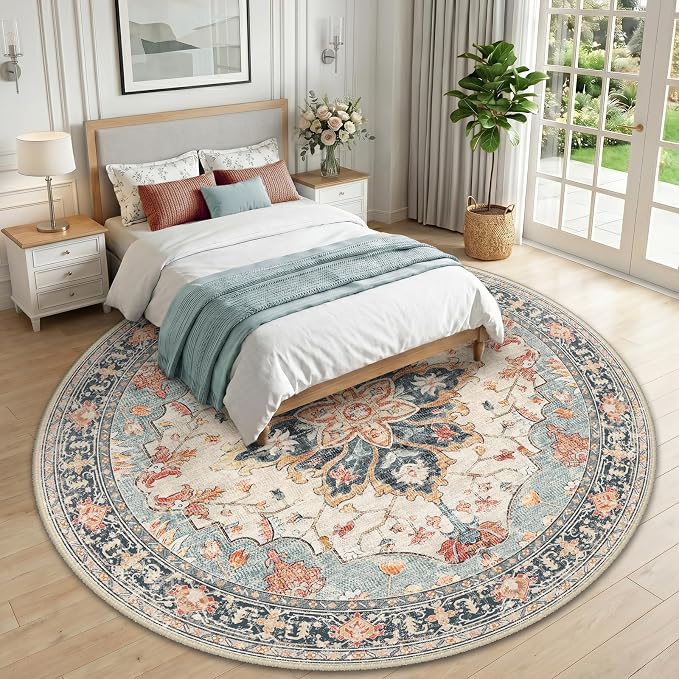 RELEANY Area Rugs Round 10ft Washable Non-Slip, Floral Vintage Distress - Image 2