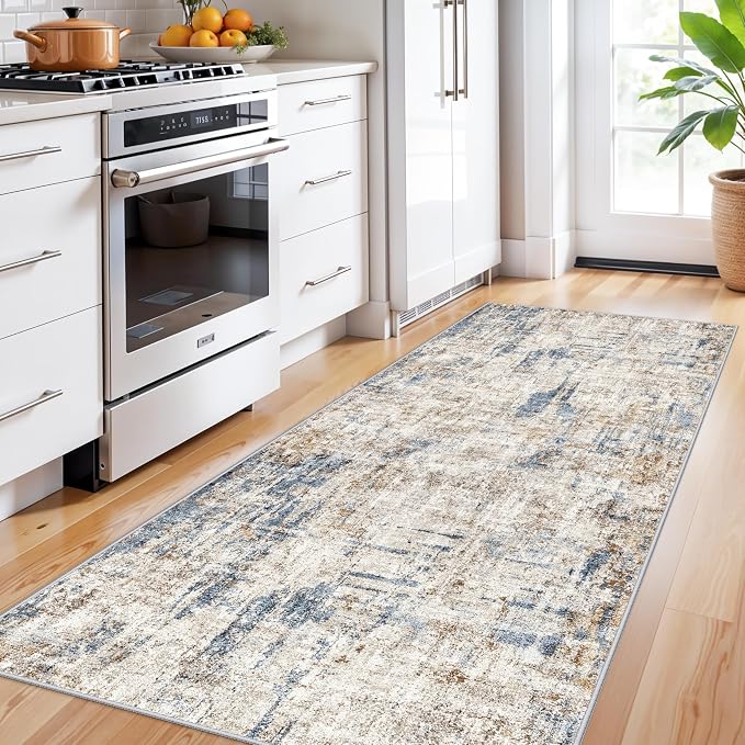 3x8 Washable Non-Slip Runner Rug Modern Abstract Neutral Wide Carpet Runner - Image 3