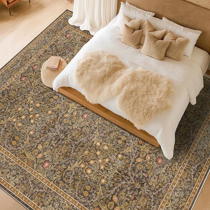 Vintage Gold Brown Living Room Rug, 7x10 Washable Area Rugs - Image 3
