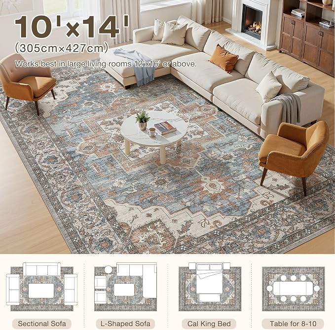 10x14 Area Rugs Living Room: Washable Vintage Rug Large Non-Slip Stain - Image 4