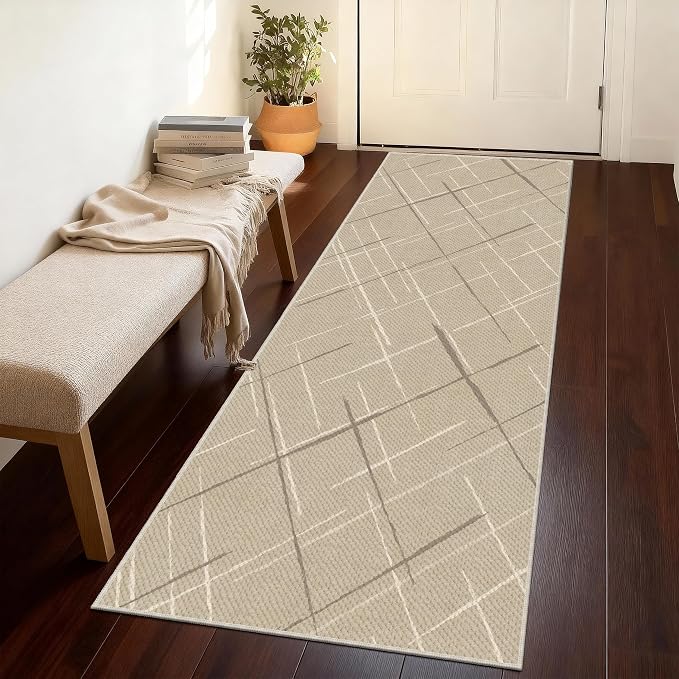 Beige 2x6 Runner Rug Non Slip, Modern Line Carpet Runners by TTelephant