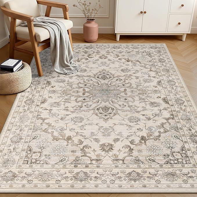 5x7 Area Rugs Living Room Rug: Washable Vintage Distressed Floral Rug No Slip - Image 3