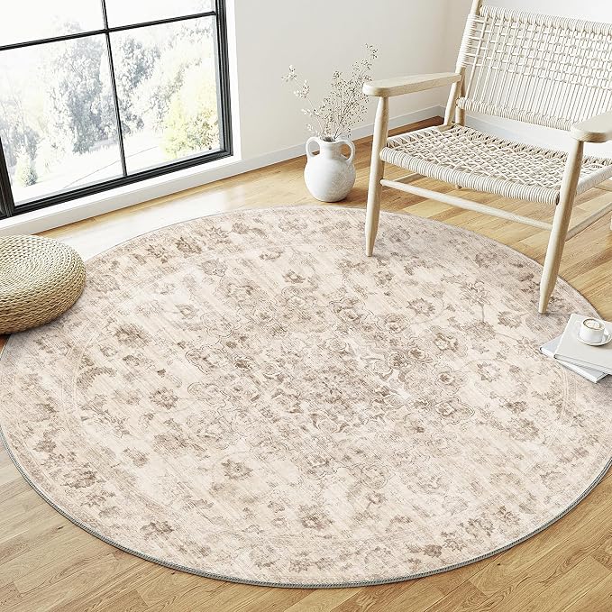 3x3 Washable Neutral Round Rug Beige Vintage Entryway Kitchen Cirlce Rug - Image 2