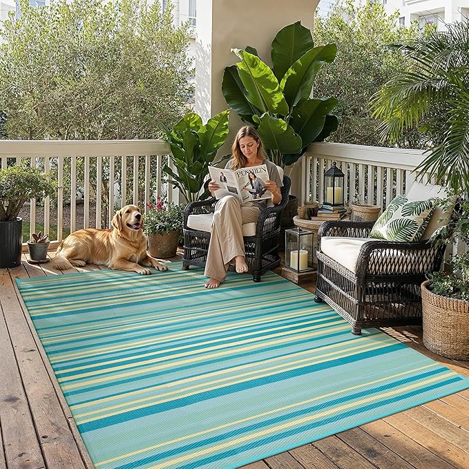 Outdoor Plastic Straw Rug Waterproof Patio 6x9 Teal Yellow Stripe Mat by WondRg