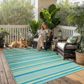Outdoor Plastic Straw Rug Waterproof Patio 5x8 Teal Yellow Stripe Mat by WondRg