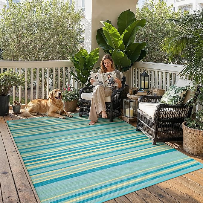 Outdoor Plastic Straw Rug Waterproof Patio 5x8 Teal Yellow Stripe Mat by WondRg