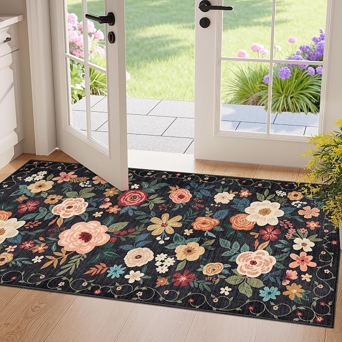 DUKINO 2x4 Rug for Entryway, Washable Kitchen Floral Runner Rug by DUKINO