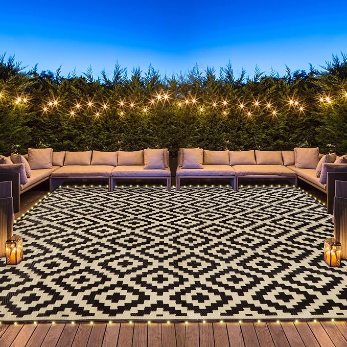 SAND MINE Reversible Mats with Led Strip Lights, Plastic Straw Rug, Modern Area by SANDMIND