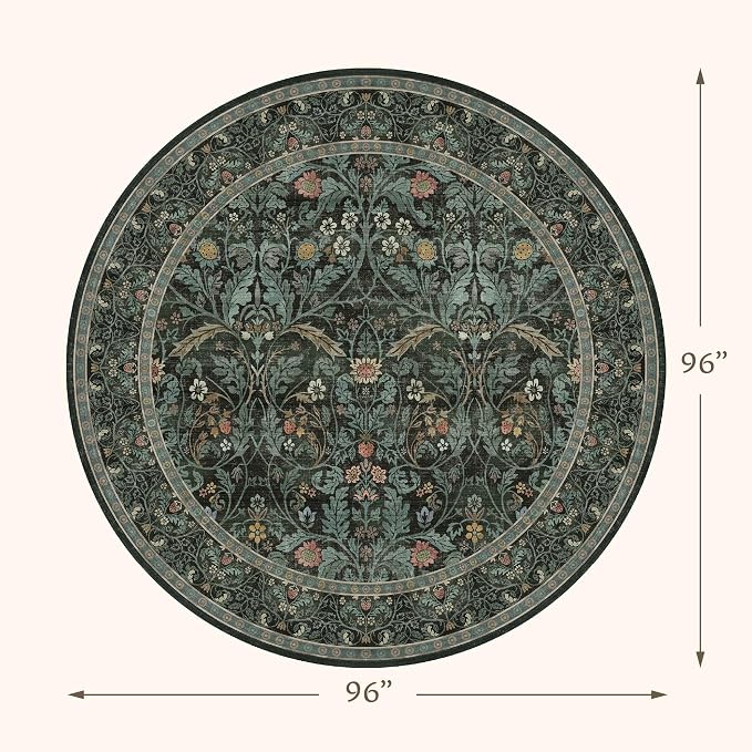 8ft Round Rug for Living Room, Dark Green Vintage Botanical Floral Large Circle - Image 2