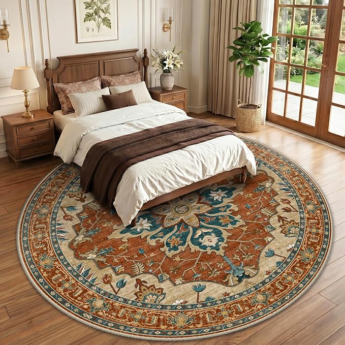 RELEANY Area Rugs Round 10ft Washable Non-Slip, Floral Vintage Distress - Image 2