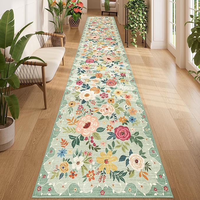 DUKINO 2x14 Runner Rug, Floral Long Washable Boho Kitchen Runner Rug by DUKINO