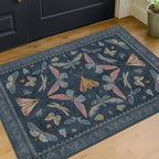 Dark Blue 2x4 Non Slip Bathroom Rug, Washable Vintage Boho Insect Carpet - Image 3