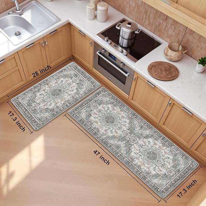 Boho Kitchen Mats for Floor 2 Piece Set Anti Fatigue Cushioned PVC Kitchen Rugs - Image 2