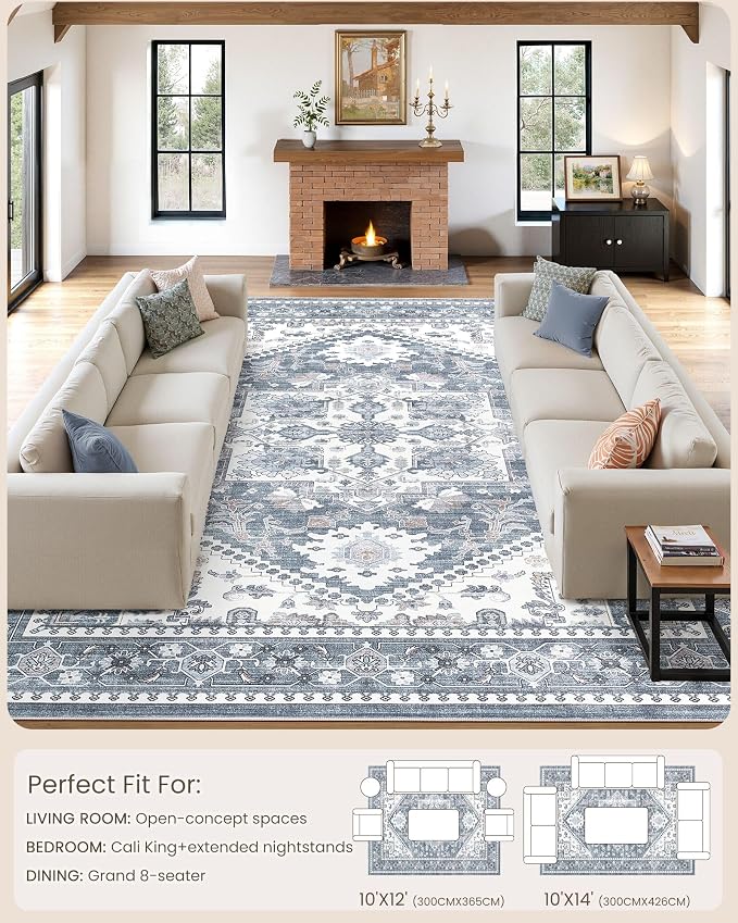 10x12 Vintage Area Rug: Washable Neutral Soft Non Slip Thin Large Floor Carpet - Image 8