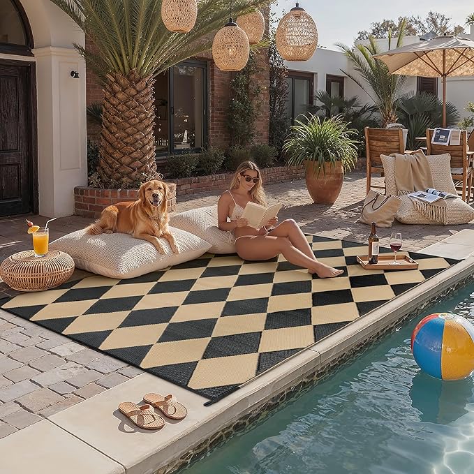 Outdoor Plastic Checkered Rug Waterproof Patio 6x9 Black Brown Diamond Geometry by WondRg