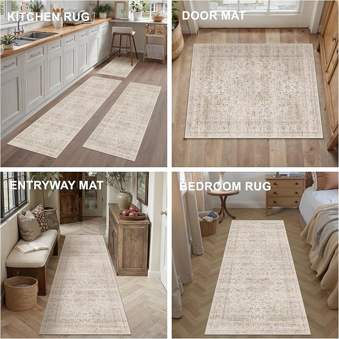 Vintage Kitchen Rug Set of 3 Washable Beige Kitchen Mats - Image 6