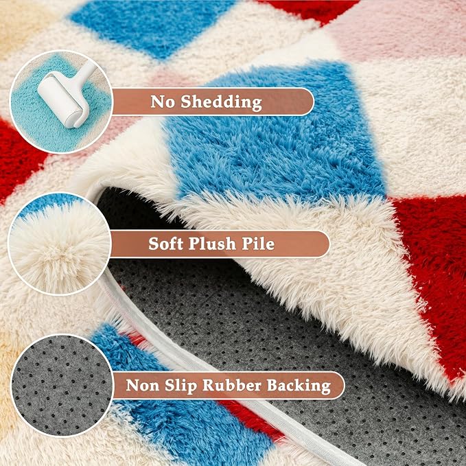 PureCozy Checkered Rug 4x6 Fluffy Shag Living Room Colorful Area Rug Modern - Image 5