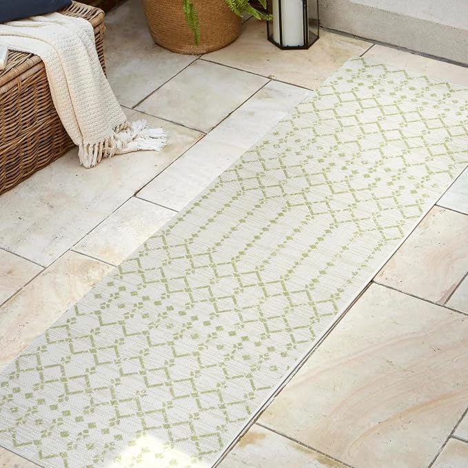 JONATHAN Y Moroccan Geometric Indoor Outdoor Runner Rug 2X8 Cream/Green - Image 3