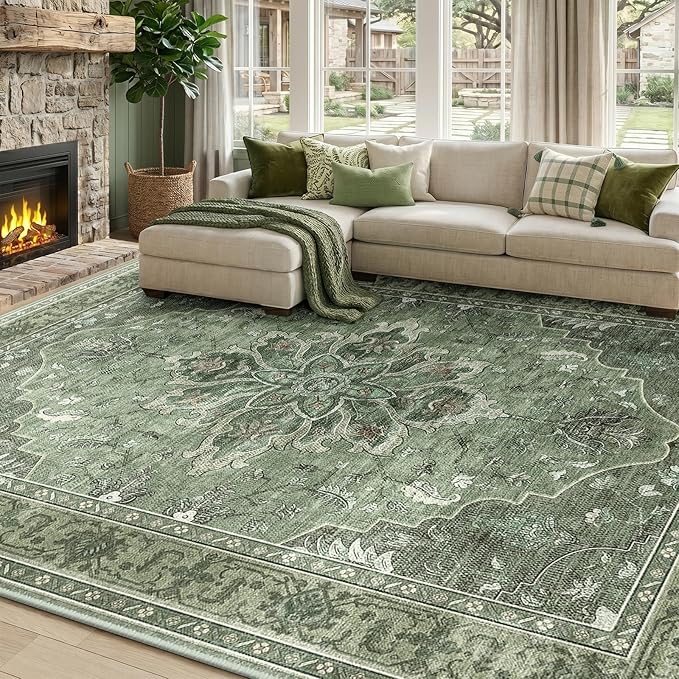RELEANY Area Rugs 7'x10' Washable Non-Slip, Floral Vintage Distress Medallion by RELEANY
