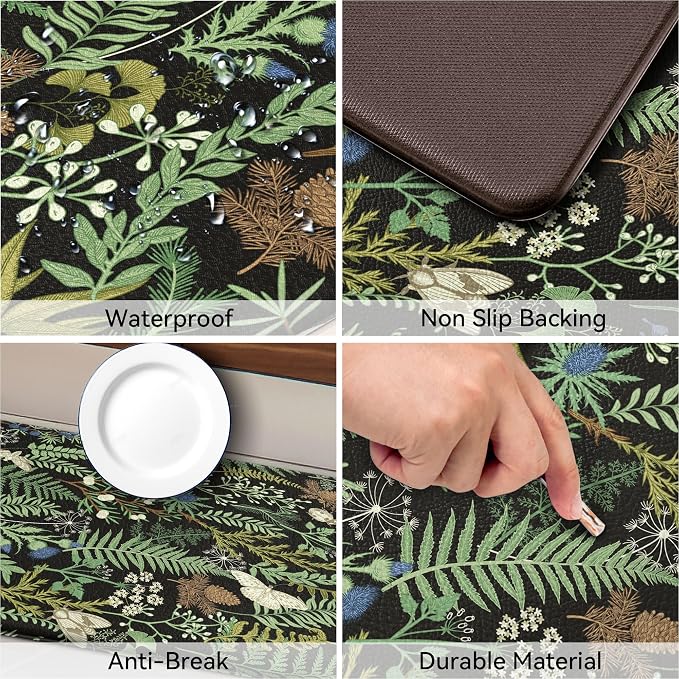 Black Green Botanical Kitchen Rugs Set of 2 Plant Leaf Anti-Fatigue Kitchen Mat - Image 4