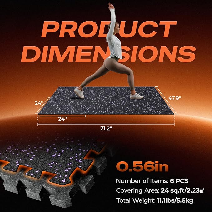 SUPERJARE 0.56'' Thick 6 Pcs 24 Sq Ft Rubber Top Exercise Equipment Mats - Image 7