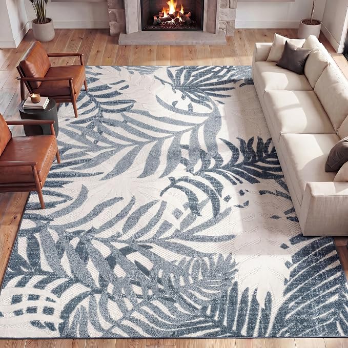 JONATHAN Y Tropics Palm Leaves Indoor Outdoor Area Rug 5x8 Cream/Dark Blue - Image 3