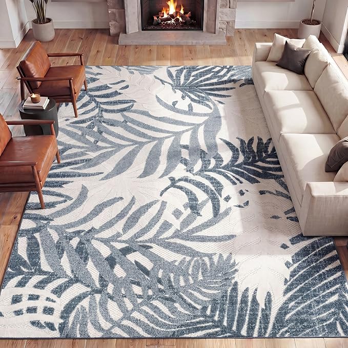 JONATHAN Y Tropics Palm Leaves Indoor Outdoor Area Rug 8X10 Cream/Dark Blue - Image 3
