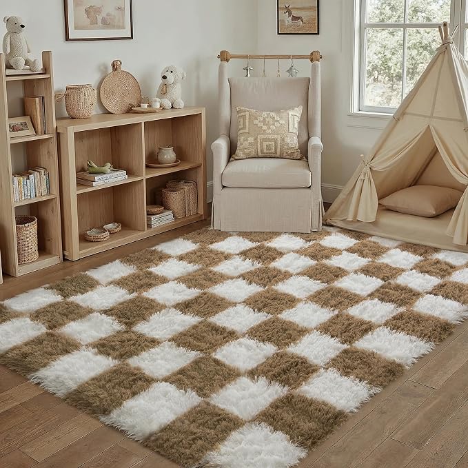 PureCozy 3x5 Area Rugs for Kids Room Brown Soft Shag Checkered Rug Modern - Image 5