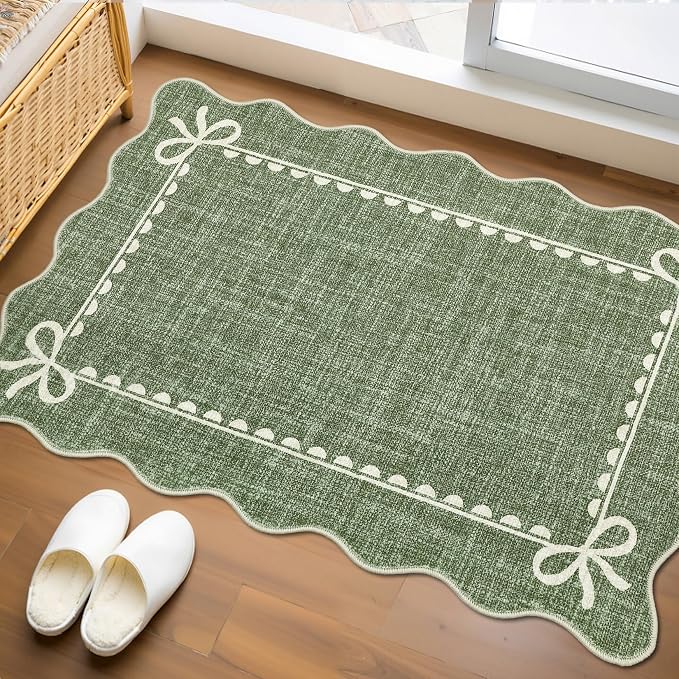 GarveeHome Scalloped Bow Rug for Kitchen Floor, Solid Green Rug for Dorm by GarveeHome